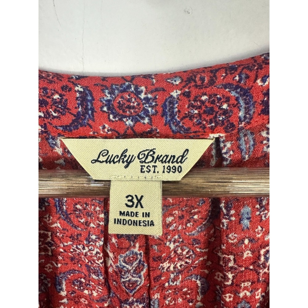 Lucky Brand Womens 3X Tapestry Henley Top Red Blue Geometric Peasant Boho Blouse - Picture 2 of 8
